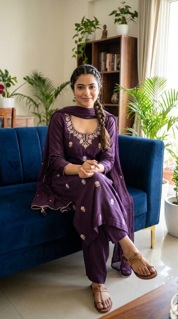 Young Woman in Purple Embroidered Salwar on Blue Sofa
