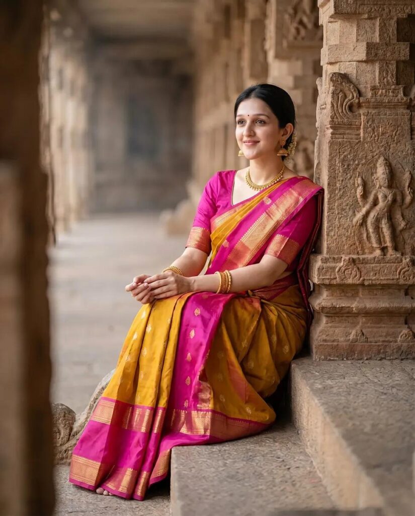 Indian Woman in Saree Seated by Historic Temple Architecture