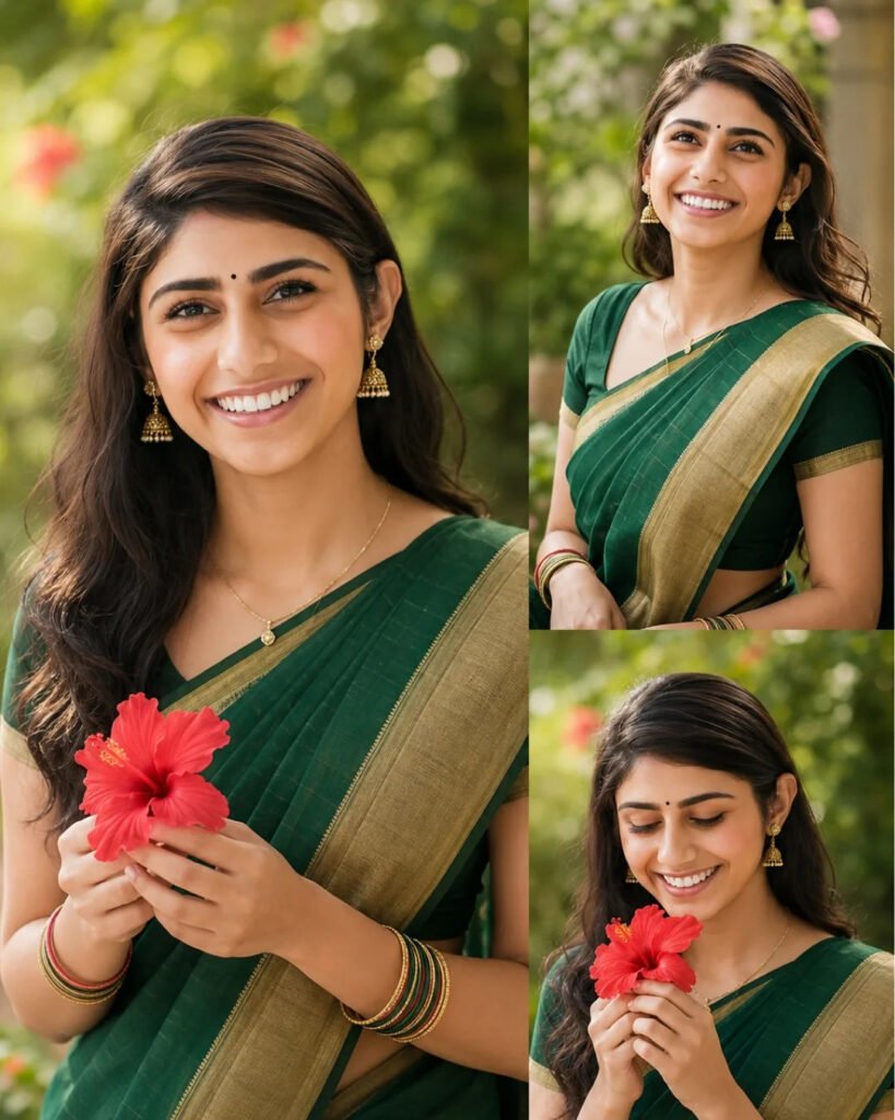 Emerald Saree Elegance in a Dreamy Garden Collage